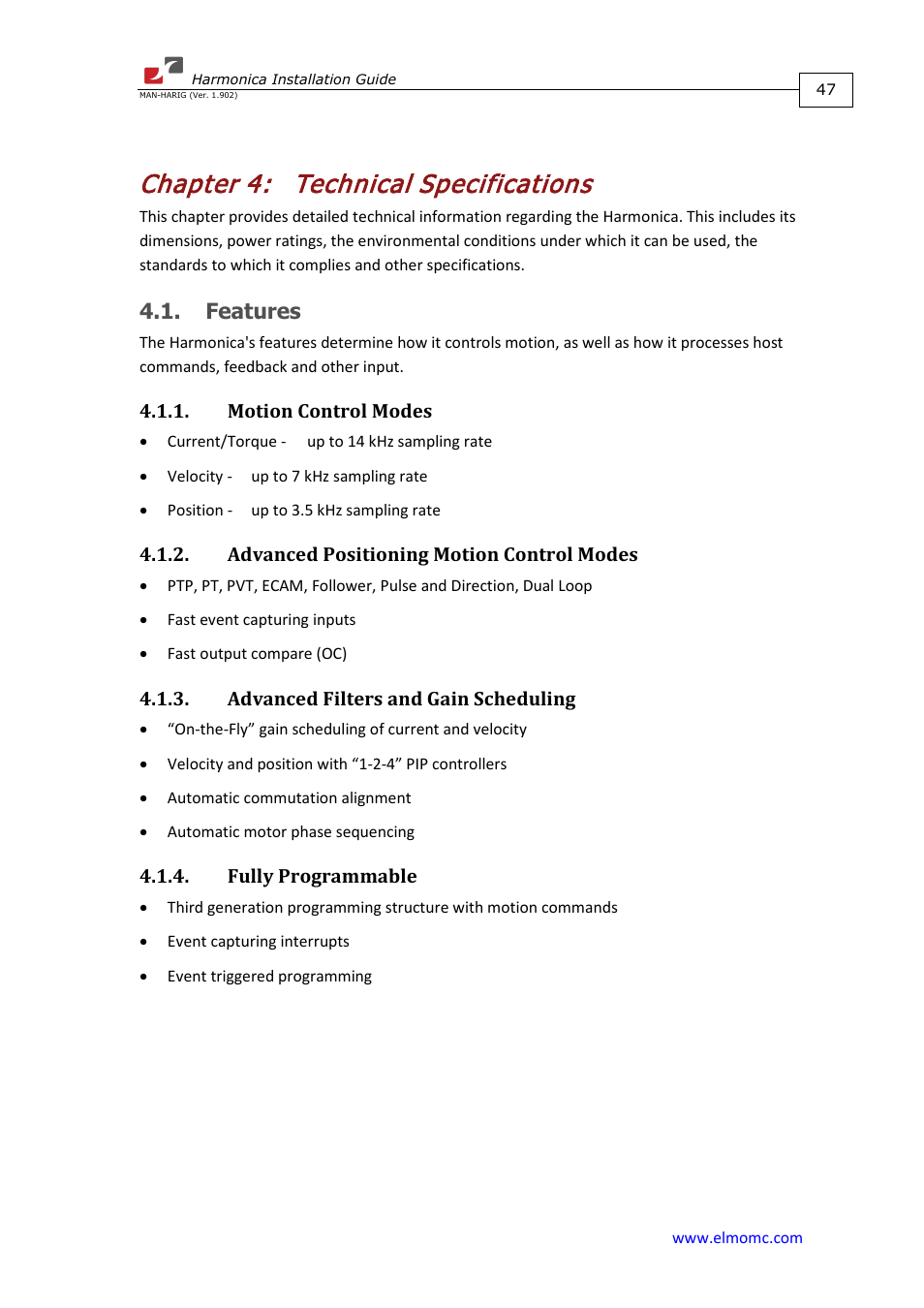 Chapter 4: technical specifications, Features, Motion control modes | Advanced positioning motion control modes, Advanced filters and gain scheduling, Fully programmable, Chapter 4, Technical specifications | ElmoMC SimplIQ Digital Servo Drives-Harmonica Installation Guide User Manual | Page 47 / 66