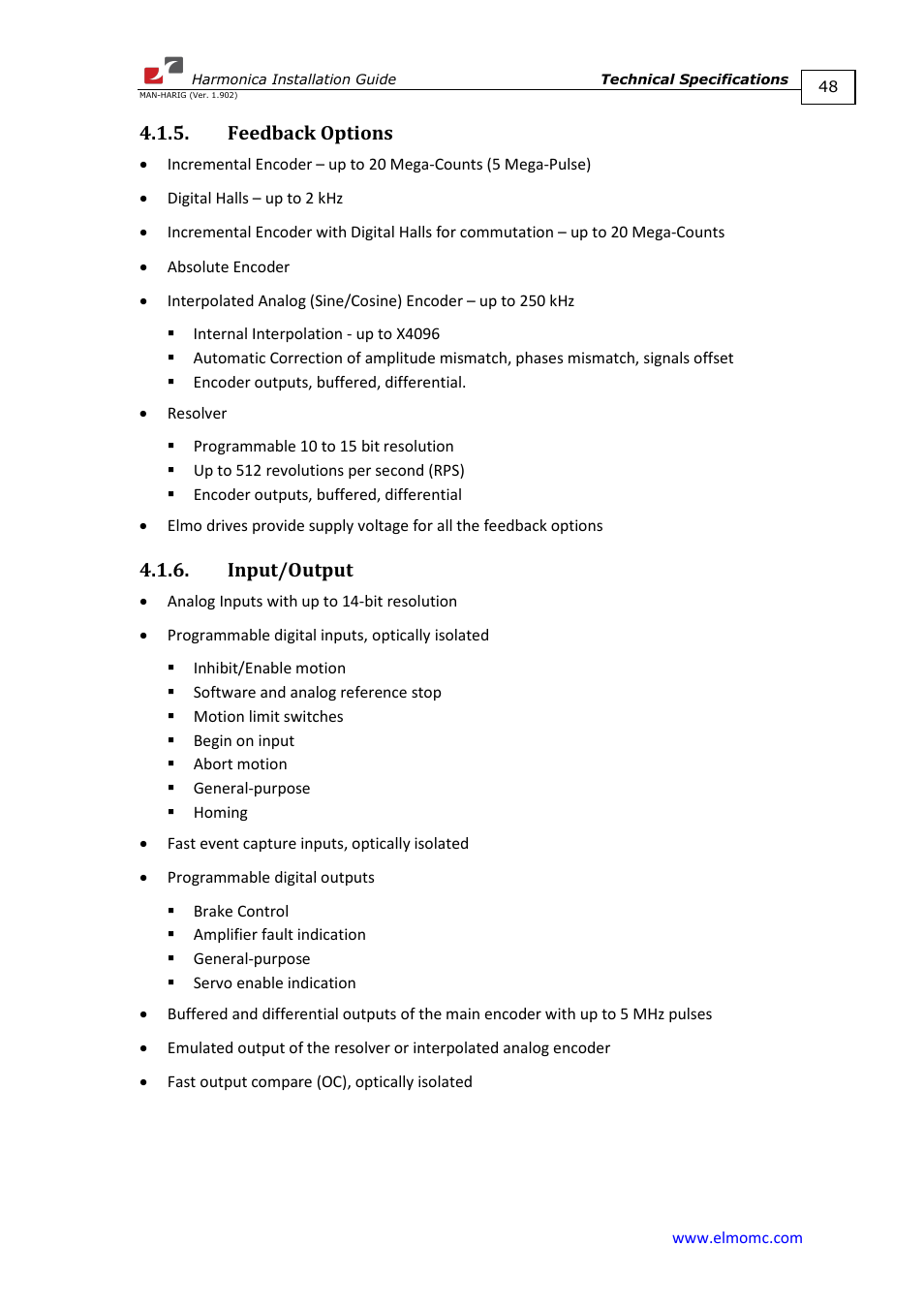 Feedback options, Input/output, Feedback options 4.1.6. input/output | ElmoMC SimplIQ Digital Servo Drives-Harmonica Installation Guide User Manual | Page 48 / 66