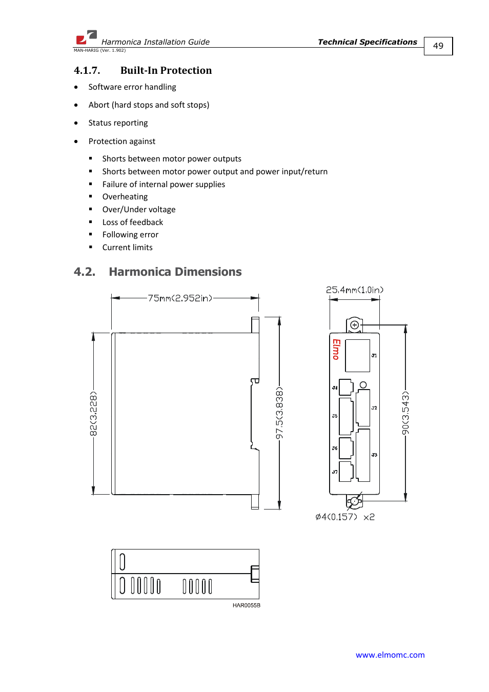 Built-in protection, Harmonica dimensions | ElmoMC SimplIQ Digital Servo Drives-Harmonica Installation Guide User Manual | Page 49 / 66