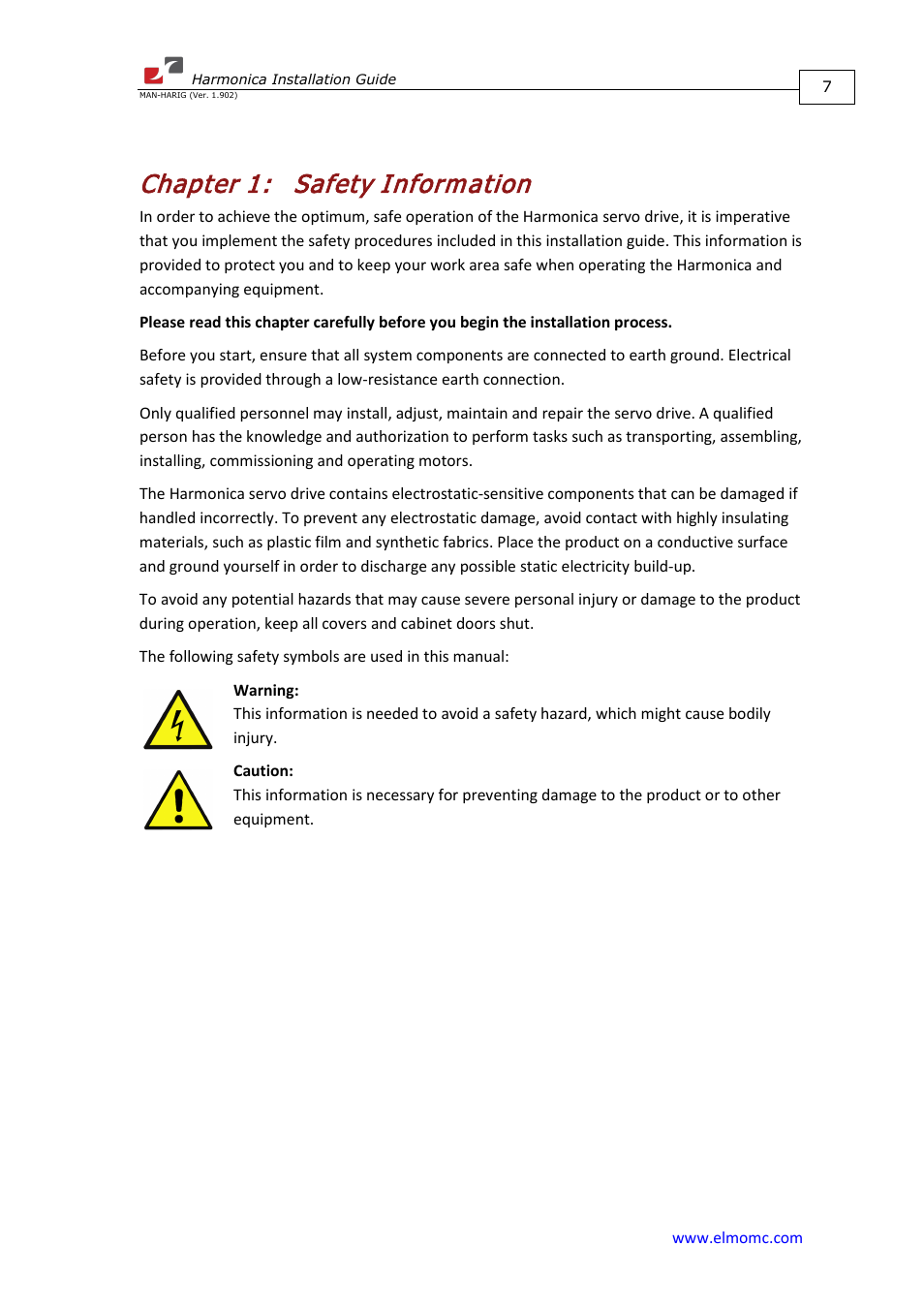 Chapter 1: safety information, Chapter 1, Safety information | ElmoMC SimplIQ Digital Servo Drives-Harmonica Installation Guide User Manual | Page 7 / 66