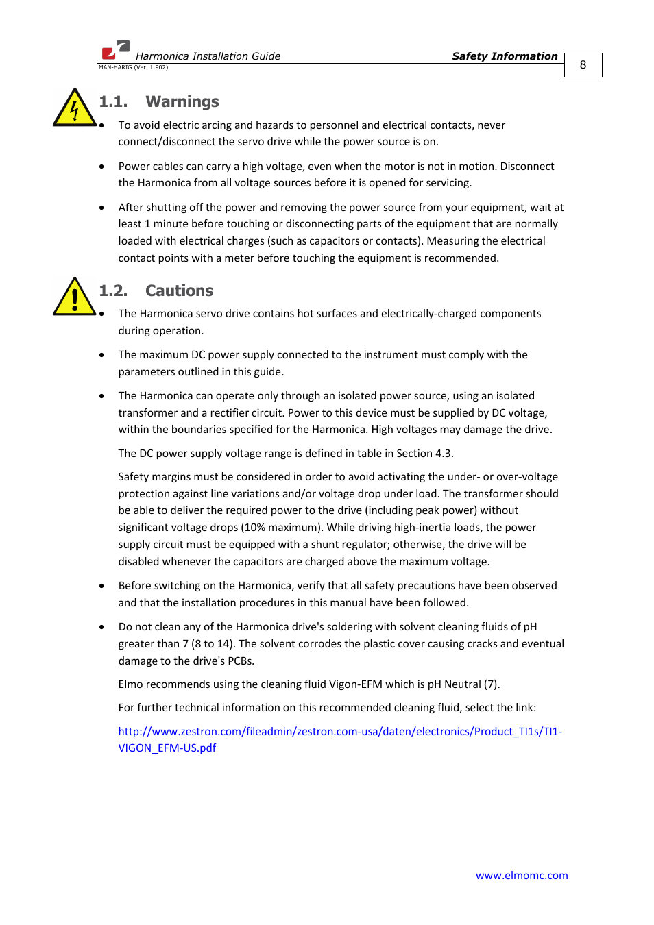 Warnings, Cautions, Warnings 1.2. cautions | ElmoMC SimplIQ Digital Servo Drives-Harmonica Installation Guide User Manual | Page 8 / 66