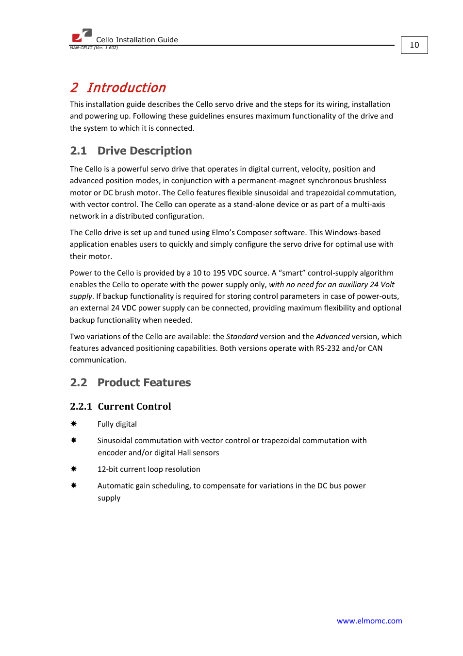 2 introduction, 1 drive description, 2 product features | 1 current control, Introduction, Drive description, Product features 2.2.1, Current control | ElmoMC SimplIQ Digital Servo Drives-Cello Installation Guide User Manual | Page 10 / 72