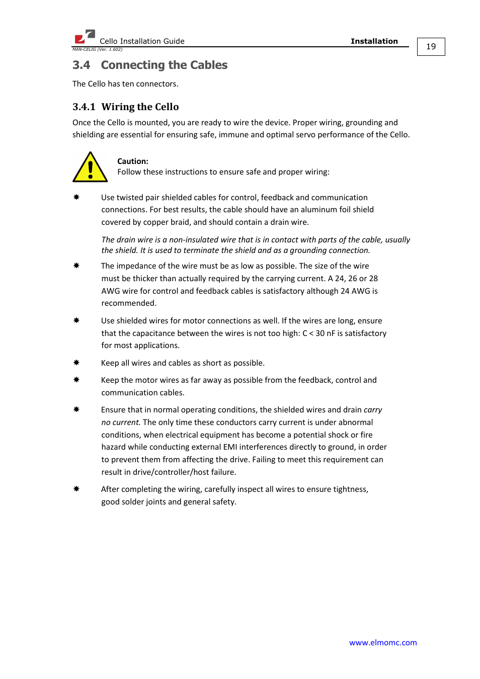 4 connecting the cables, 1 wiring the cello, Connecting the cables 3.4.1 | Wiring the cello | ElmoMC SimplIQ Digital Servo Drives-Cello Installation Guide User Manual | Page 19 / 72