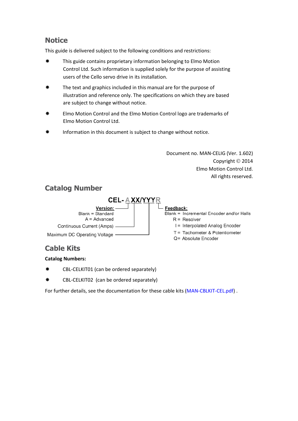 Notice, Catalog number, Cable kits | ElmoMC SimplIQ Digital Servo Drives-Cello Installation Guide User Manual | Page 2 / 72