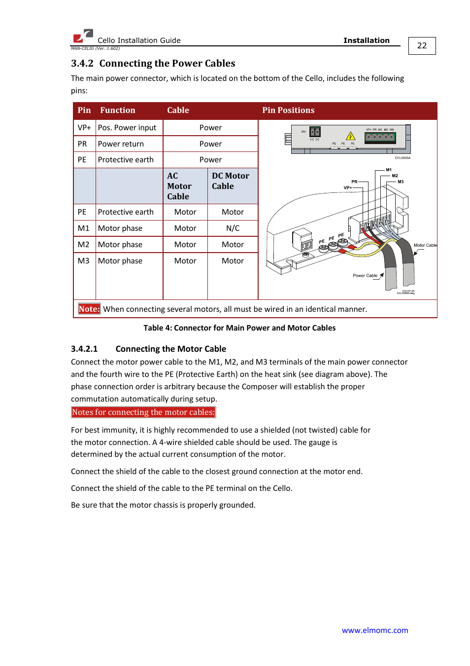 2 connecting the power cables, 1 connecting the motor cable | ElmoMC SimplIQ Digital Servo Drives-Cello Installation Guide User Manual | Page 22 / 72