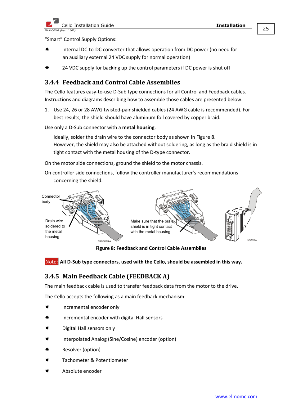 4 feedback and control cable assemblies, 5 main feedback cable (feedback a), Feedback and control cable assemblies | Main feedback cable (feedback a) | ElmoMC SimplIQ Digital Servo Drives-Cello Installation Guide User Manual | Page 25 / 72