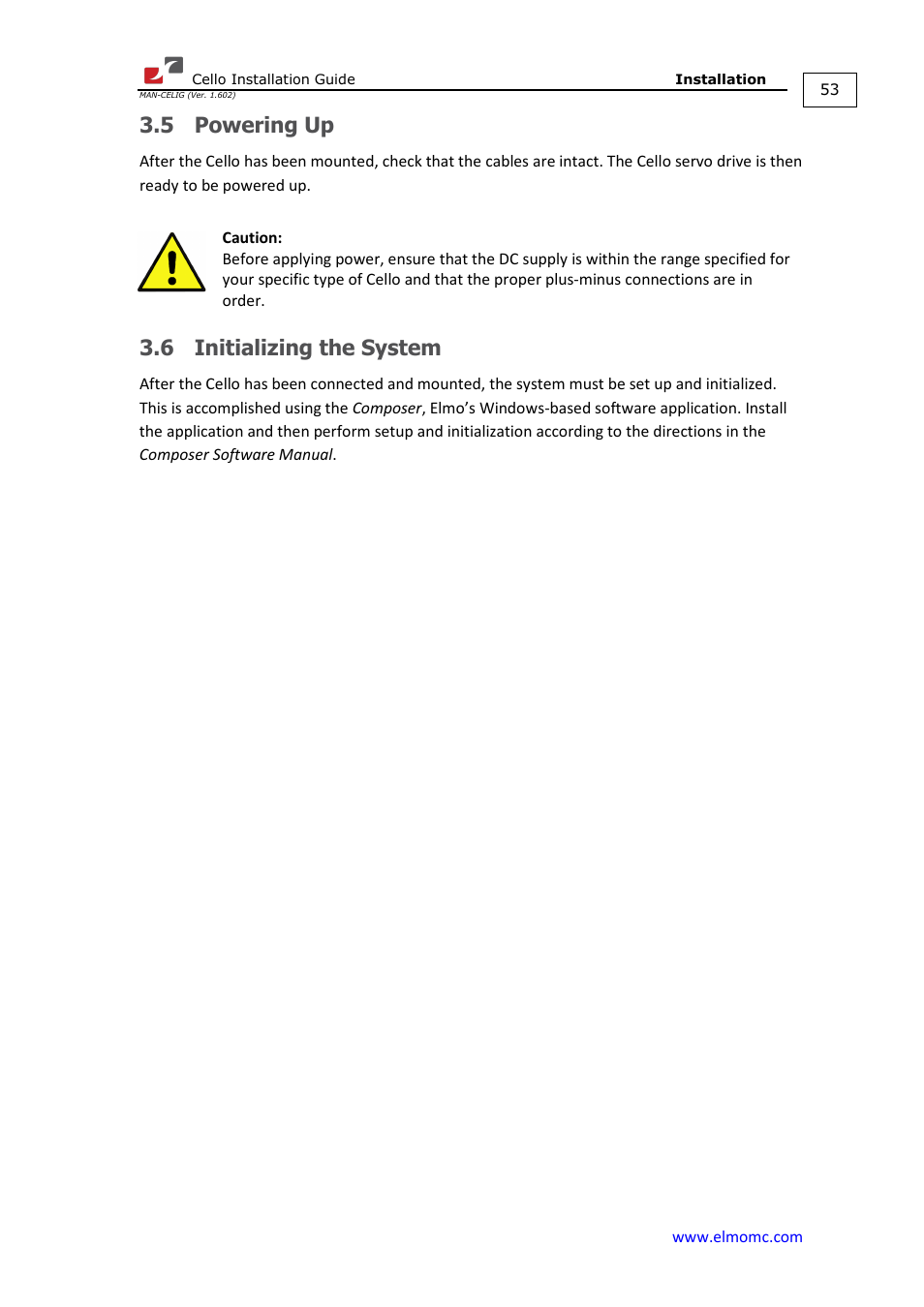 5 powering up, 6 initializing the system, Powering up | Initializing the system | ElmoMC SimplIQ Digital Servo Drives-Cello Installation Guide User Manual | Page 53 / 72