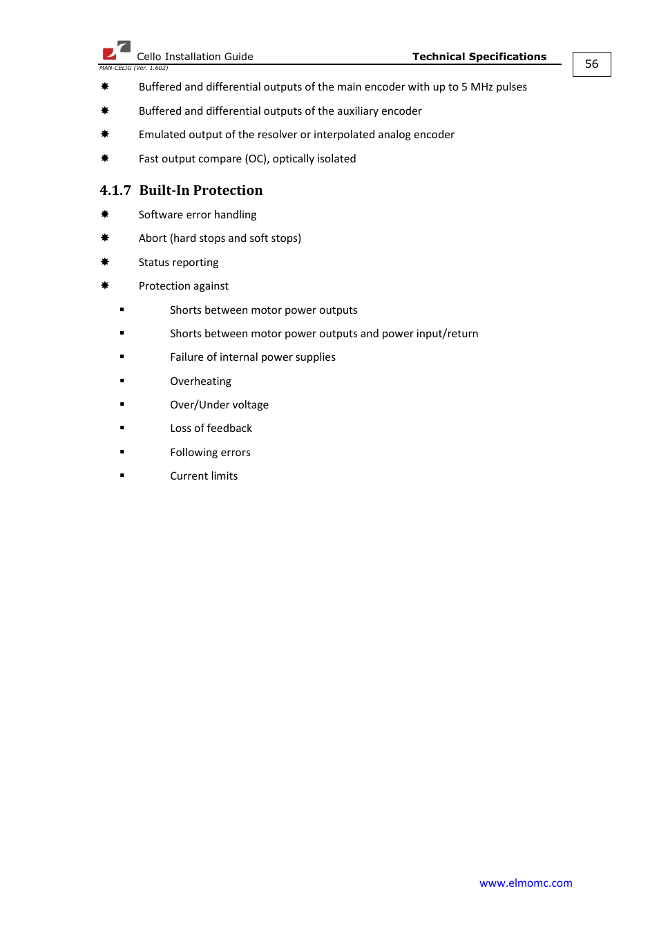 7 built-in protection, Built-in protection | ElmoMC SimplIQ Digital Servo Drives-Cello Installation Guide User Manual | Page 56 / 72