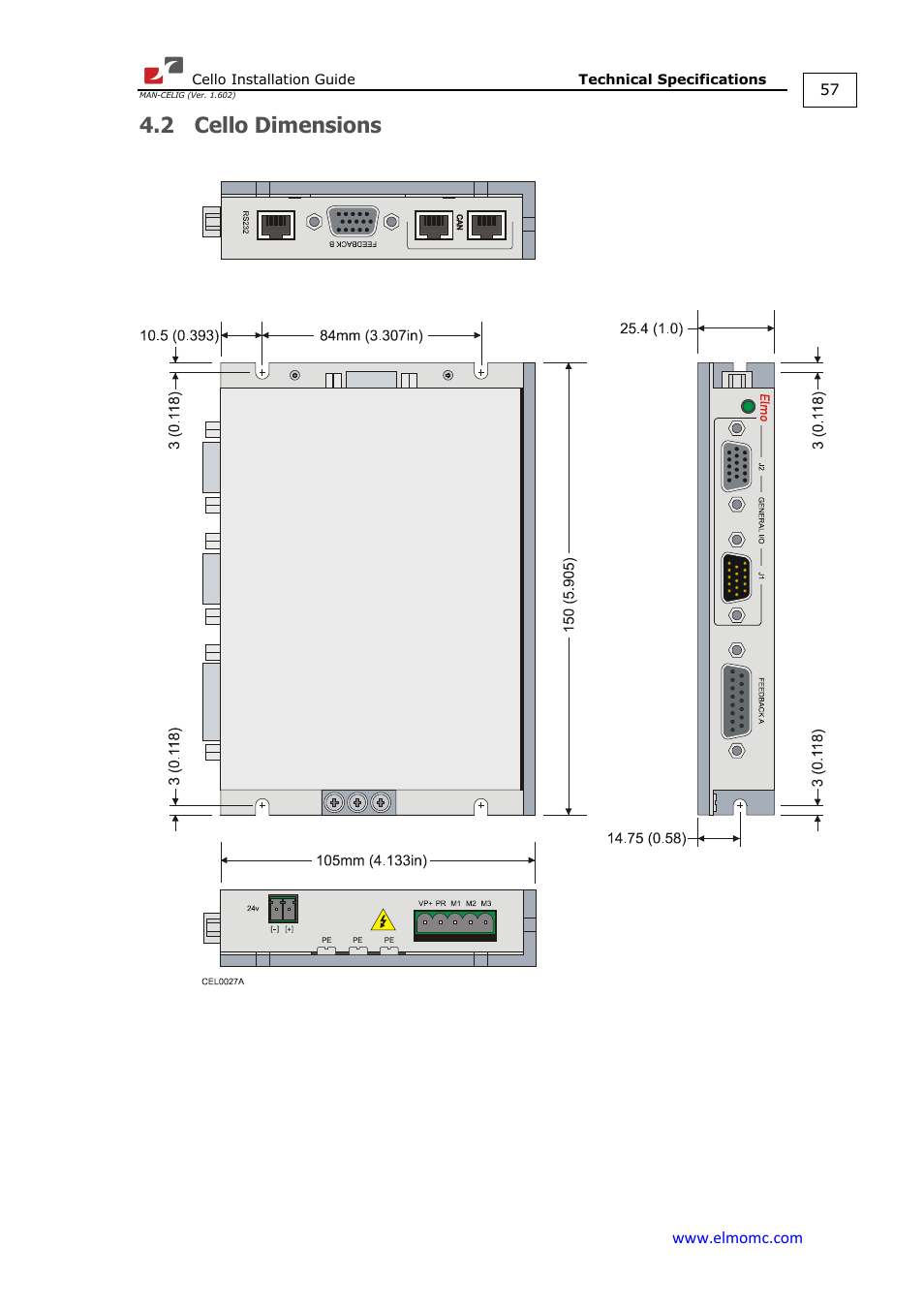 2 cello dimensions, Cello dimensions | ElmoMC SimplIQ Digital Servo Drives-Cello Installation Guide User Manual | Page 57 / 72