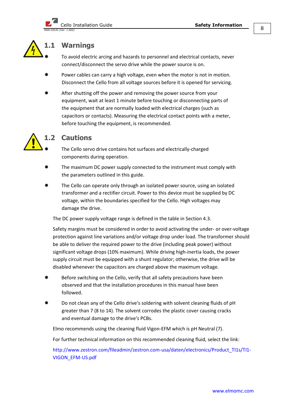 1 warnings, 2 cautions, Warnings | Cautions | ElmoMC SimplIQ Digital Servo Drives-Cello Installation Guide User Manual | Page 8 / 72