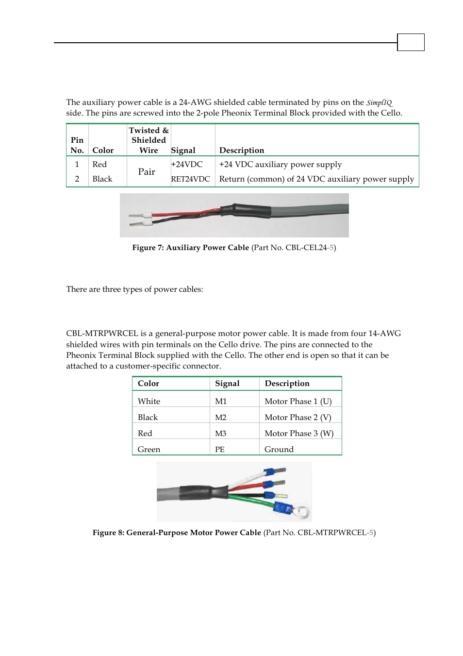 Aux. power: cbl-cel24, Cbl-cel24-5, Motor power cable: cbl-mtrpwrcel (general purpose) | Cbl-mtrpwrcel-5, Auxiliary power cable (cbl-cel24-5), Motor power cables, Motor power cable (cbl-mtrcel-5), Auxiliary power cable (cbl-cel24 -5 ), 1 motor power cable (cbl-mtrpwrcel -5 ) | ElmoMC SimplIQ Digital Servo Drives-Cello Cable Kit User Manual | Page 13 / 17