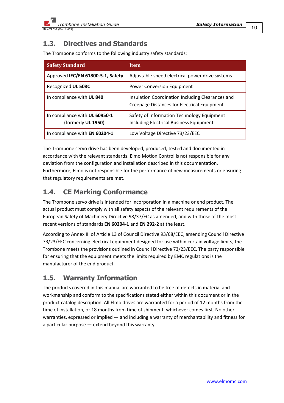 Directives and standards, Ce marking conformance, Warranty information | ElmoMC SimplIQ Digital Servo Drives-Trombone Installation Guide User Manual | Page 10 / 84