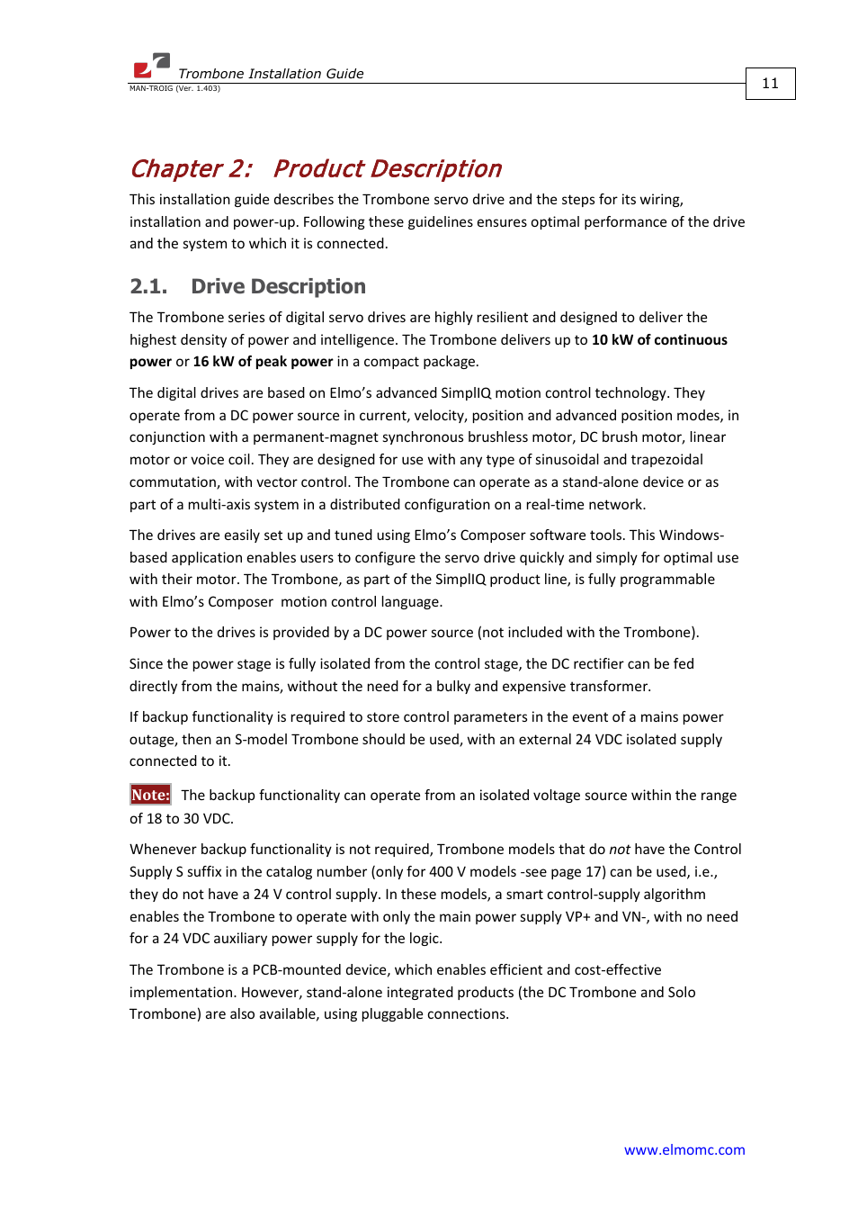 Chapter 2: product description, Drive description, Chapter 2 | Product description | ElmoMC SimplIQ Digital Servo Drives-Trombone Installation Guide User Manual | Page 11 / 84