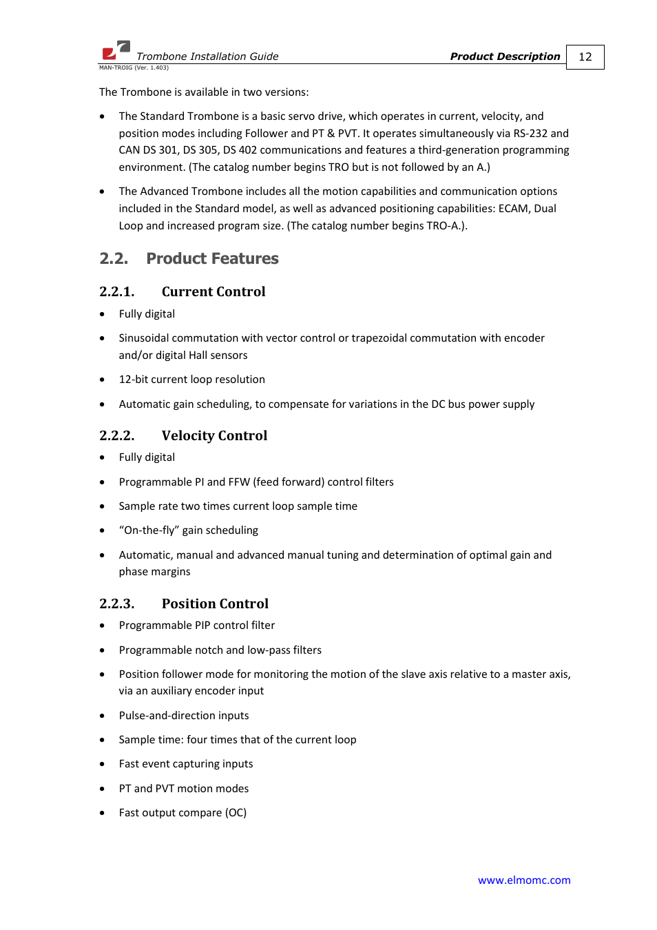 Product features, Current control, Velocity control | Position control | ElmoMC SimplIQ Digital Servo Drives-Trombone Installation Guide User Manual | Page 12 / 84