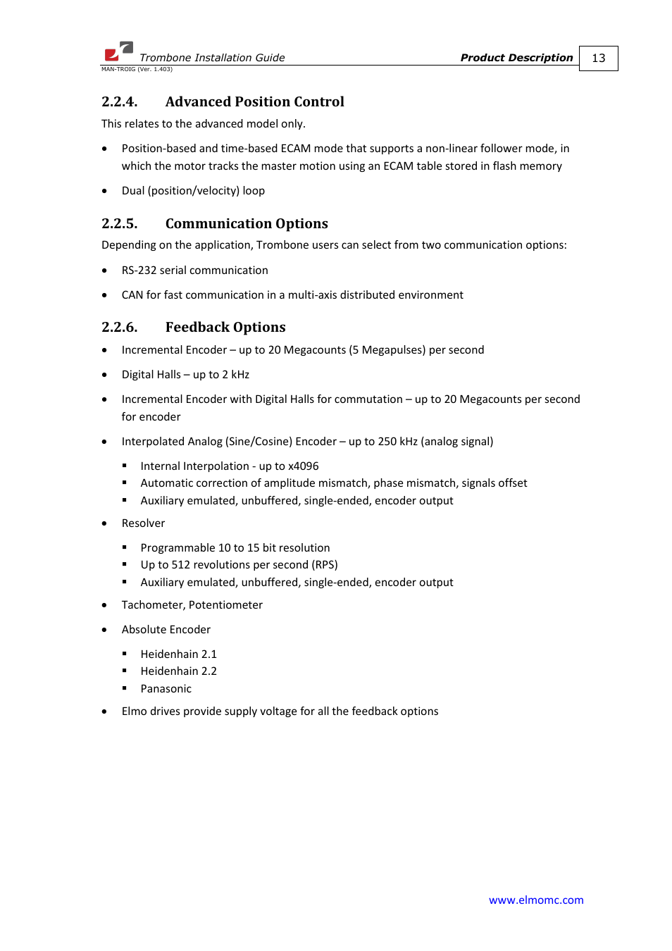 Advanced position control, Communication options, Feedback options | ElmoMC SimplIQ Digital Servo Drives-Trombone Installation Guide User Manual | Page 13 / 84