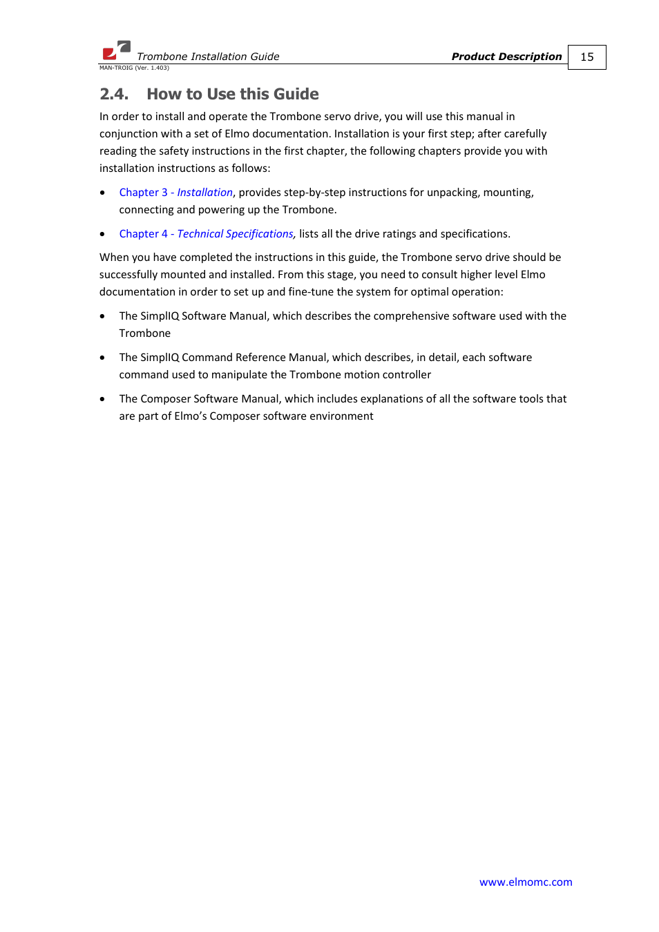 How to use this guide | ElmoMC SimplIQ Digital Servo Drives-Trombone Installation Guide User Manual | Page 15 / 84