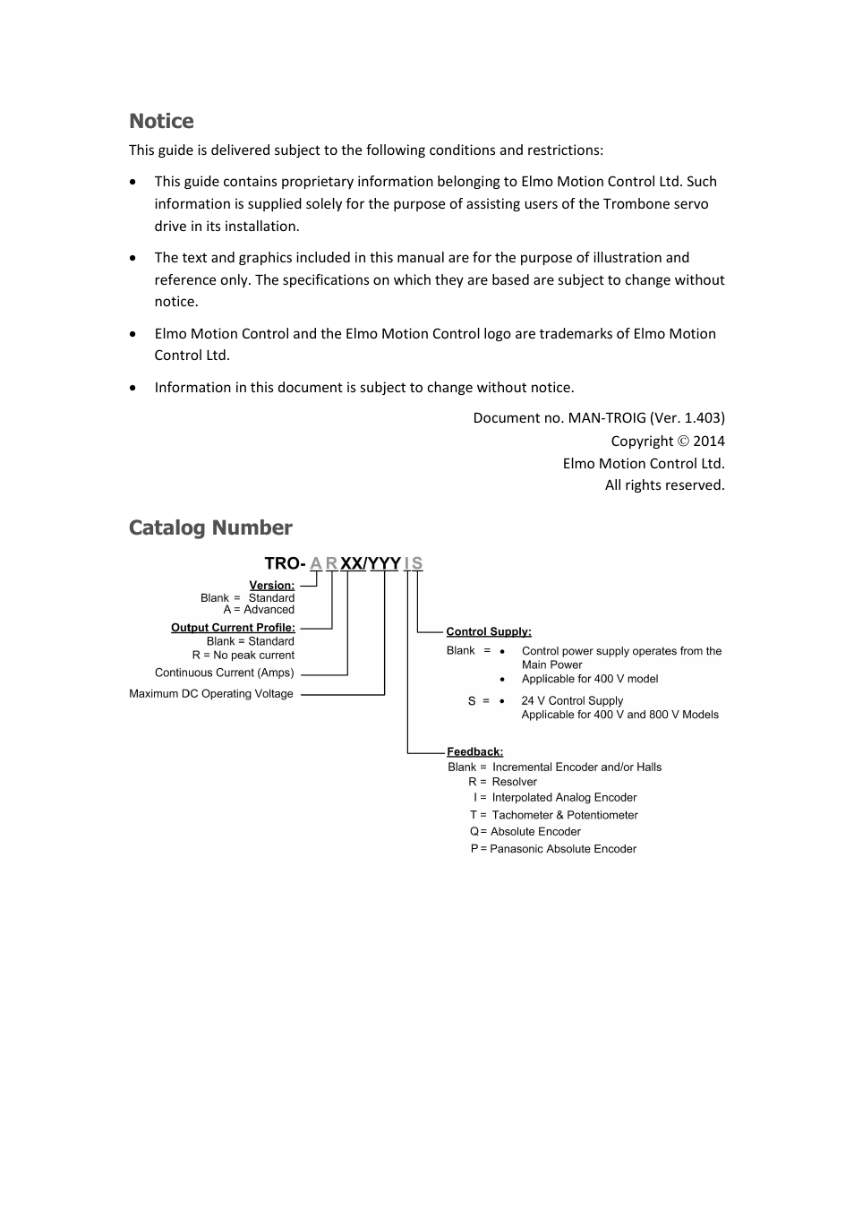 Notice, Catalog number | ElmoMC SimplIQ Digital Servo Drives-Trombone Installation Guide User Manual | Page 2 / 84