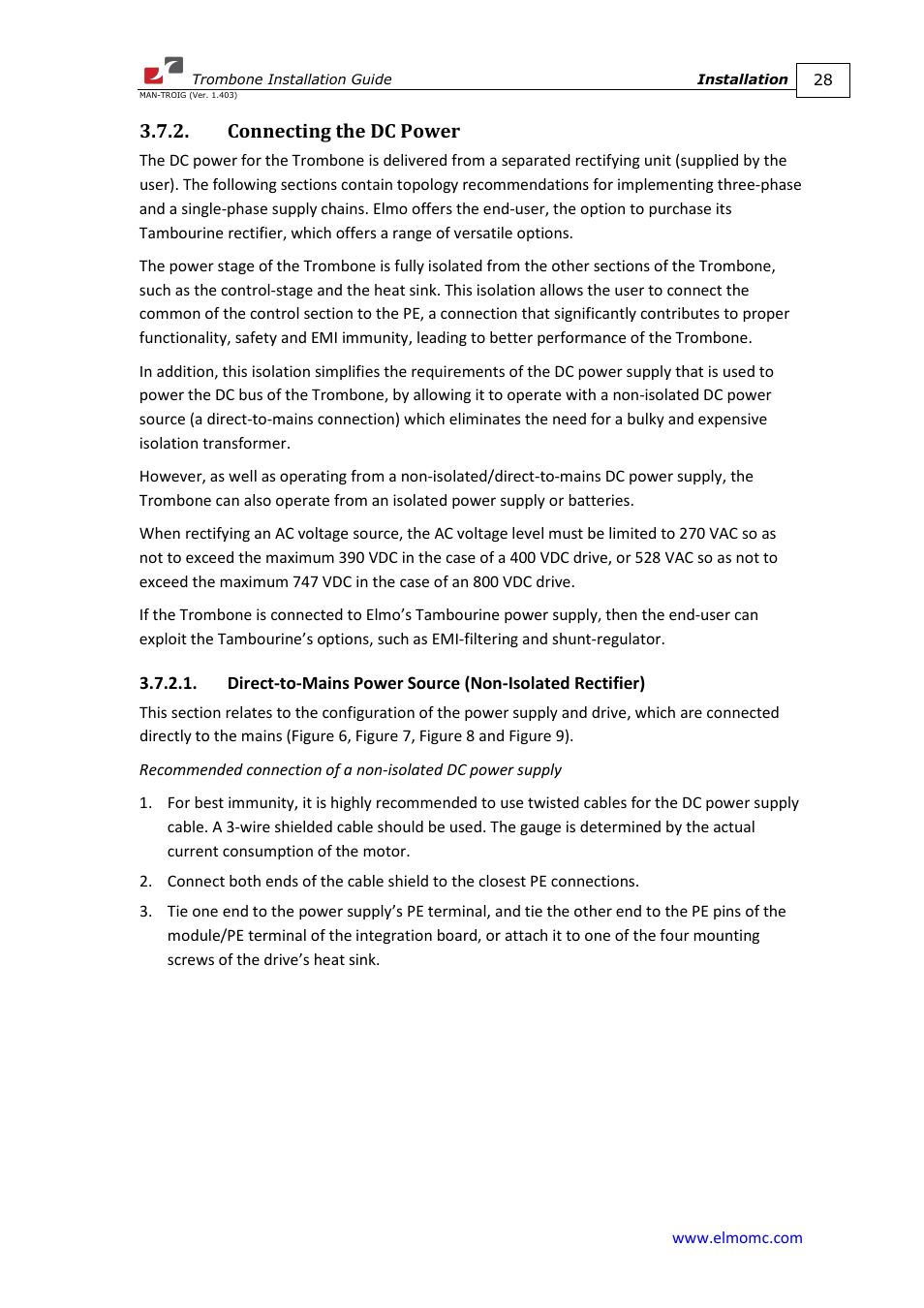 Connecting the dc power | ElmoMC SimplIQ Digital Servo Drives-Trombone Installation Guide User Manual | Page 28 / 84