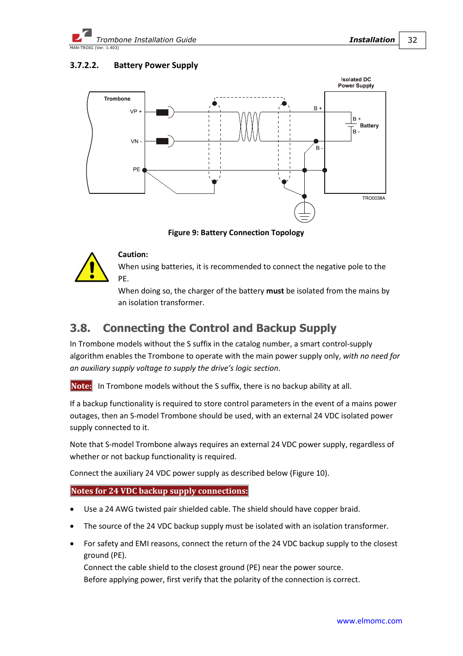 Battery power supply, Connecting the control and backup supply, Figure 9) | ElmoMC SimplIQ Digital Servo Drives-Trombone Installation Guide User Manual | Page 32 / 84