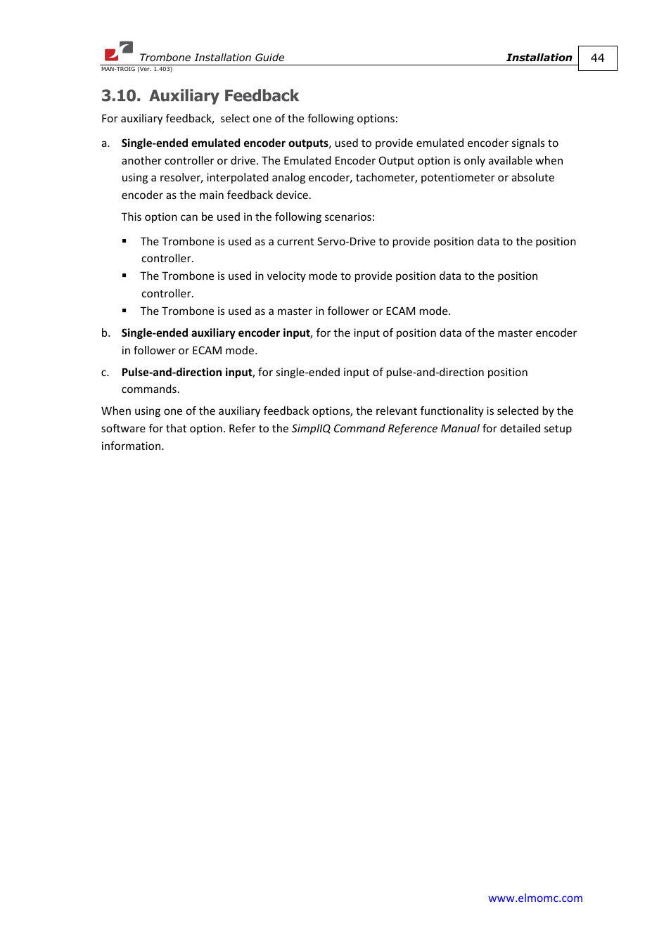 Auxiliary feedback | ElmoMC SimplIQ Digital Servo Drives-Trombone Installation Guide User Manual | Page 44 / 84