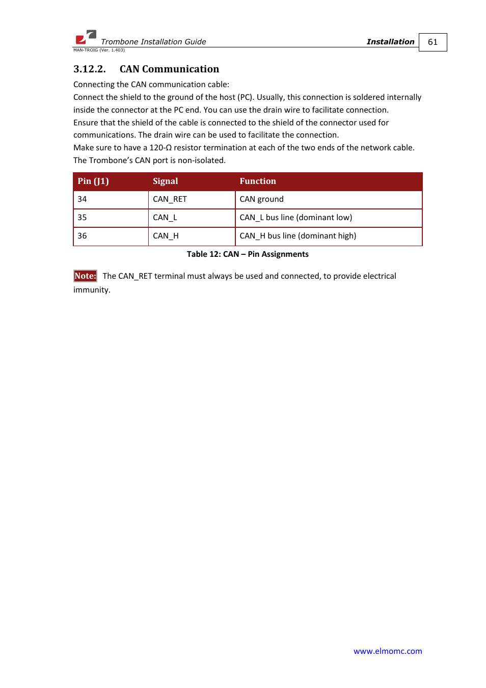 Can communication | ElmoMC SimplIQ Digital Servo Drives-Trombone Installation Guide User Manual | Page 61 / 84