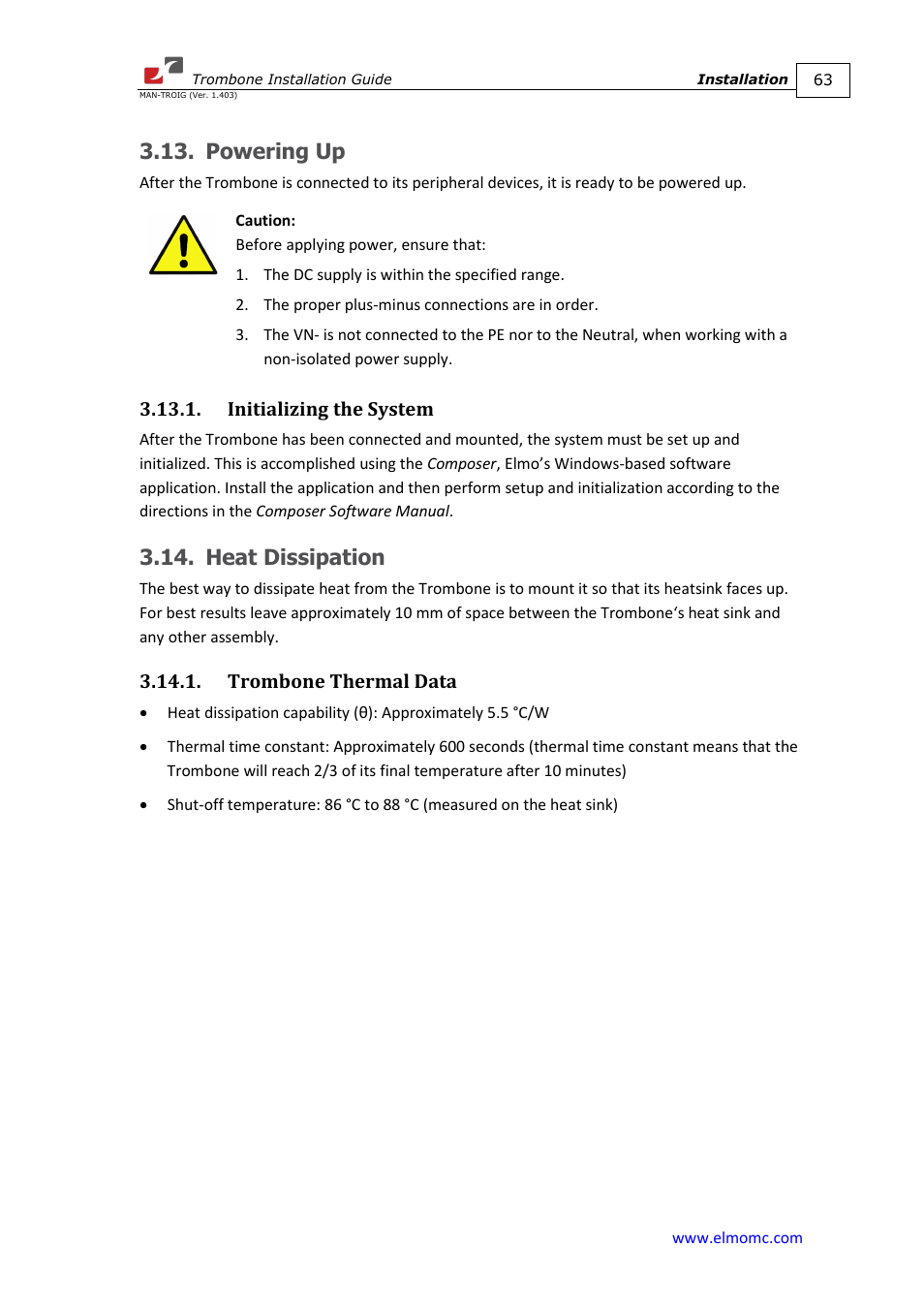 Powering up, Initializing the system, Heat dissipation | Trombone thermal data | ElmoMC SimplIQ Digital Servo Drives-Trombone Installation Guide User Manual | Page 63 / 84