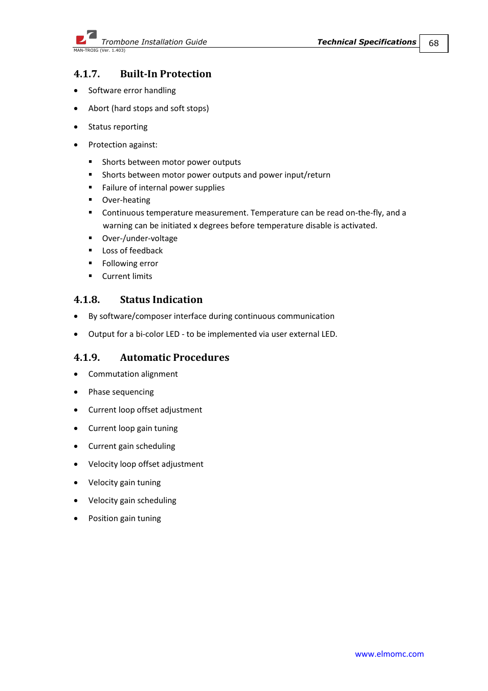 Built-in protection, Status indication, Automatic procedures | ElmoMC SimplIQ Digital Servo Drives-Trombone Installation Guide User Manual | Page 68 / 84