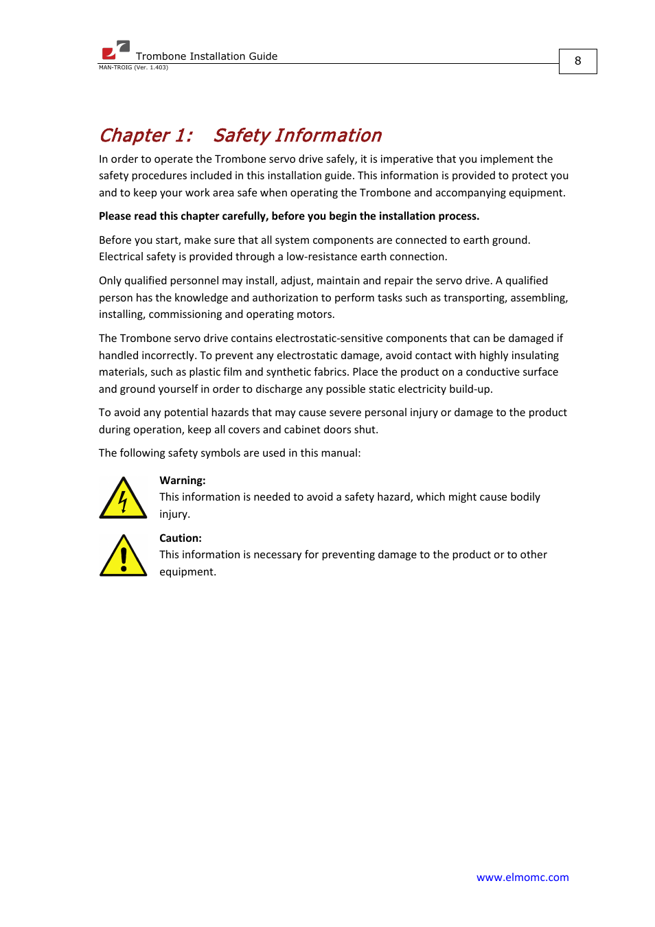 Chapter 1: safety information, Chapter 1, Safety information | ElmoMC SimplIQ Digital Servo Drives-Trombone Installation Guide User Manual | Page 8 / 84