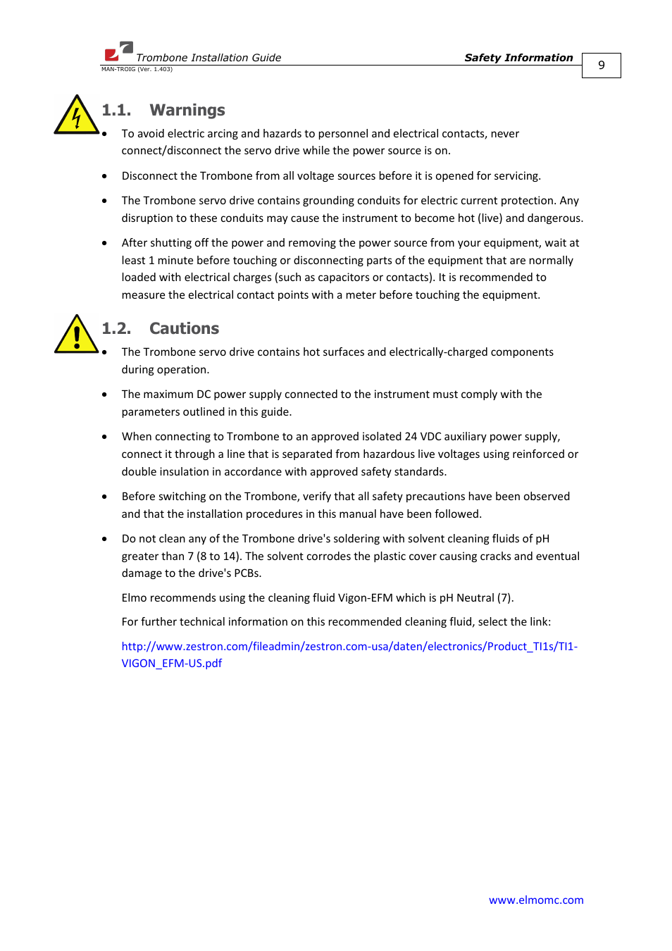 Warnings, Cautions, Warnings 1.2. cautions | ElmoMC SimplIQ Digital Servo Drives-Trombone Installation Guide User Manual | Page 9 / 84