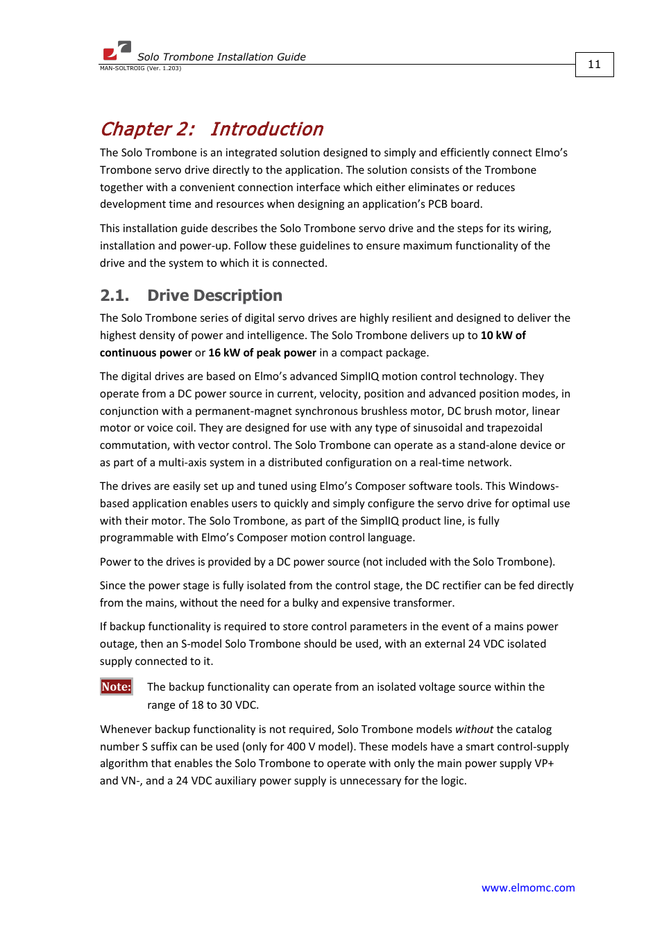 Chapter 2: introduction, Drive description, Chapter 2 | Introduction | ElmoMC SimplIQ Digital Servo Drives-Solo Trombone Installation Guide User Manual | Page 11 / 83