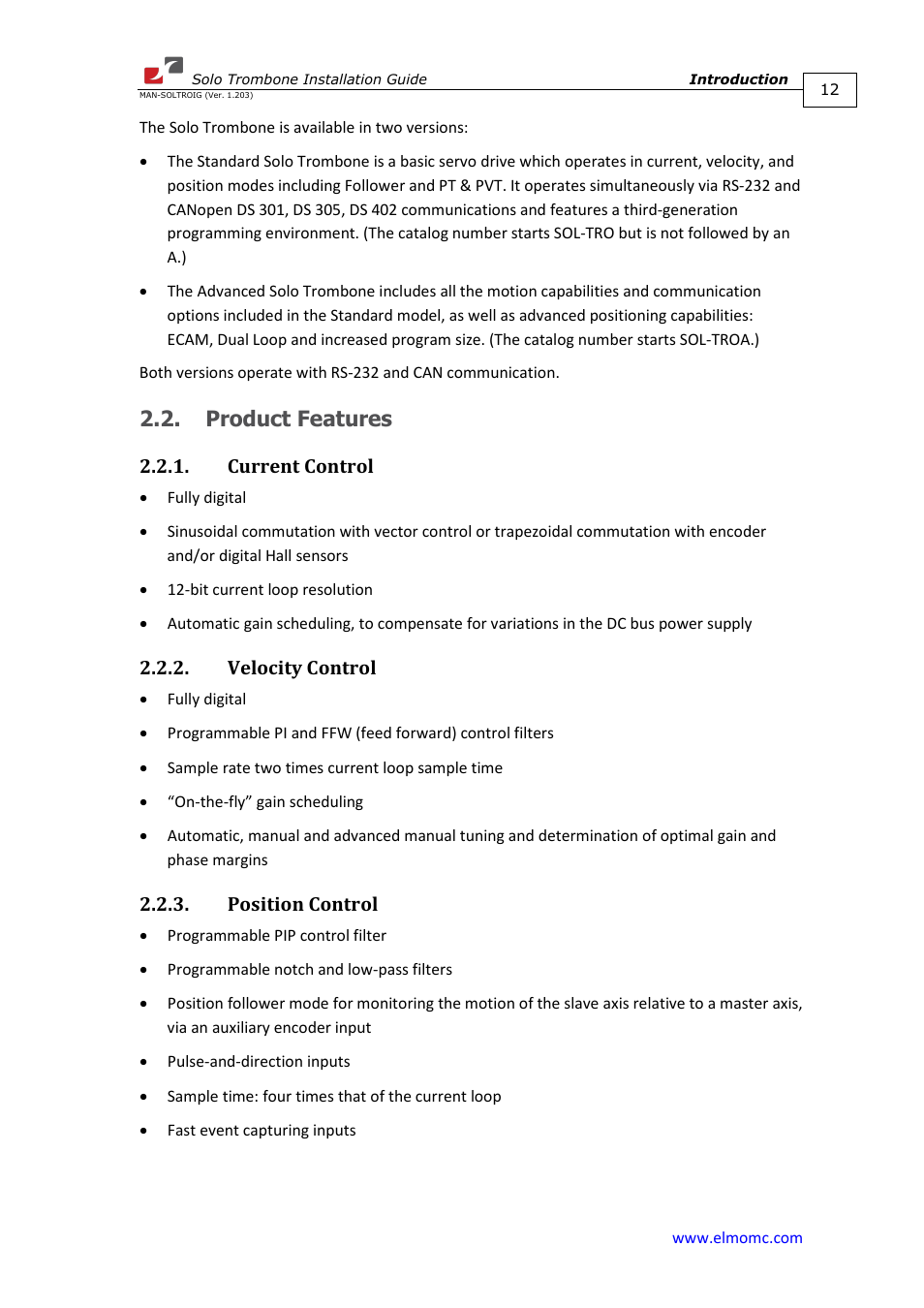 Product features, Current control, Velocity control | Position control | ElmoMC SimplIQ Digital Servo Drives-Solo Trombone Installation Guide User Manual | Page 12 / 83