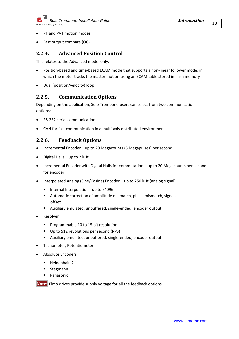 Advanced position control, Communication options, Feedback options | ElmoMC SimplIQ Digital Servo Drives-Solo Trombone Installation Guide User Manual | Page 13 / 83