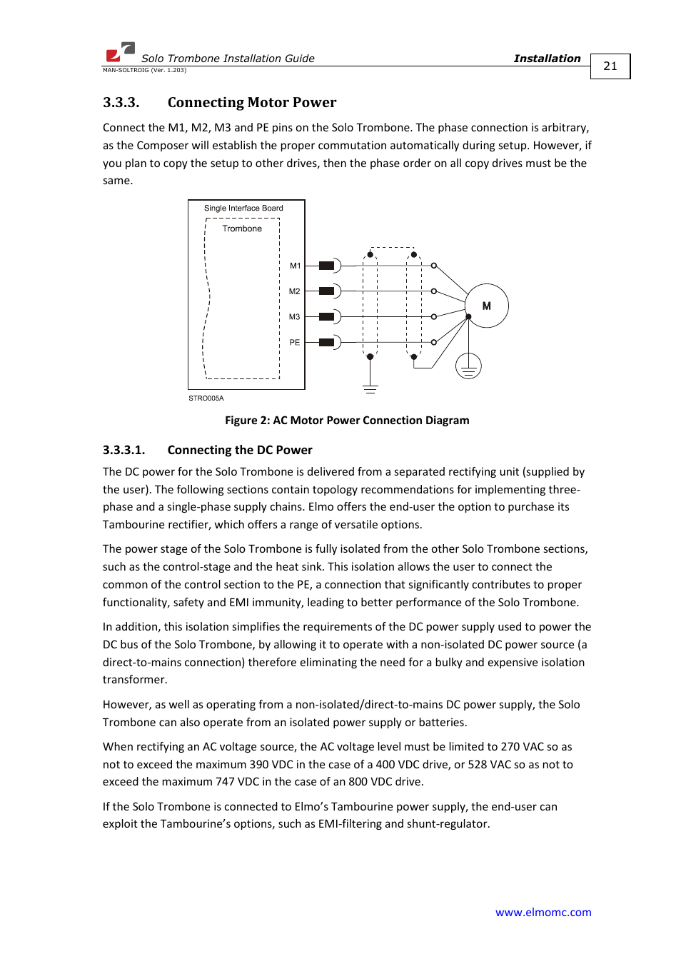 Connecting motor power, Connecting the dc power | ElmoMC SimplIQ Digital Servo Drives-Solo Trombone Installation Guide User Manual | Page 21 / 83