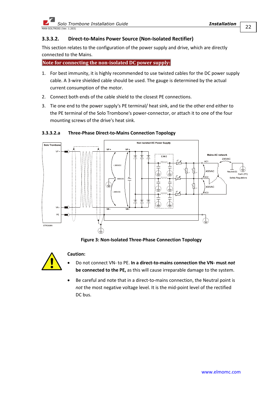 A three-phase direct-to-mains connection topology | ElmoMC SimplIQ Digital Servo Drives-Solo Trombone Installation Guide User Manual | Page 22 / 83