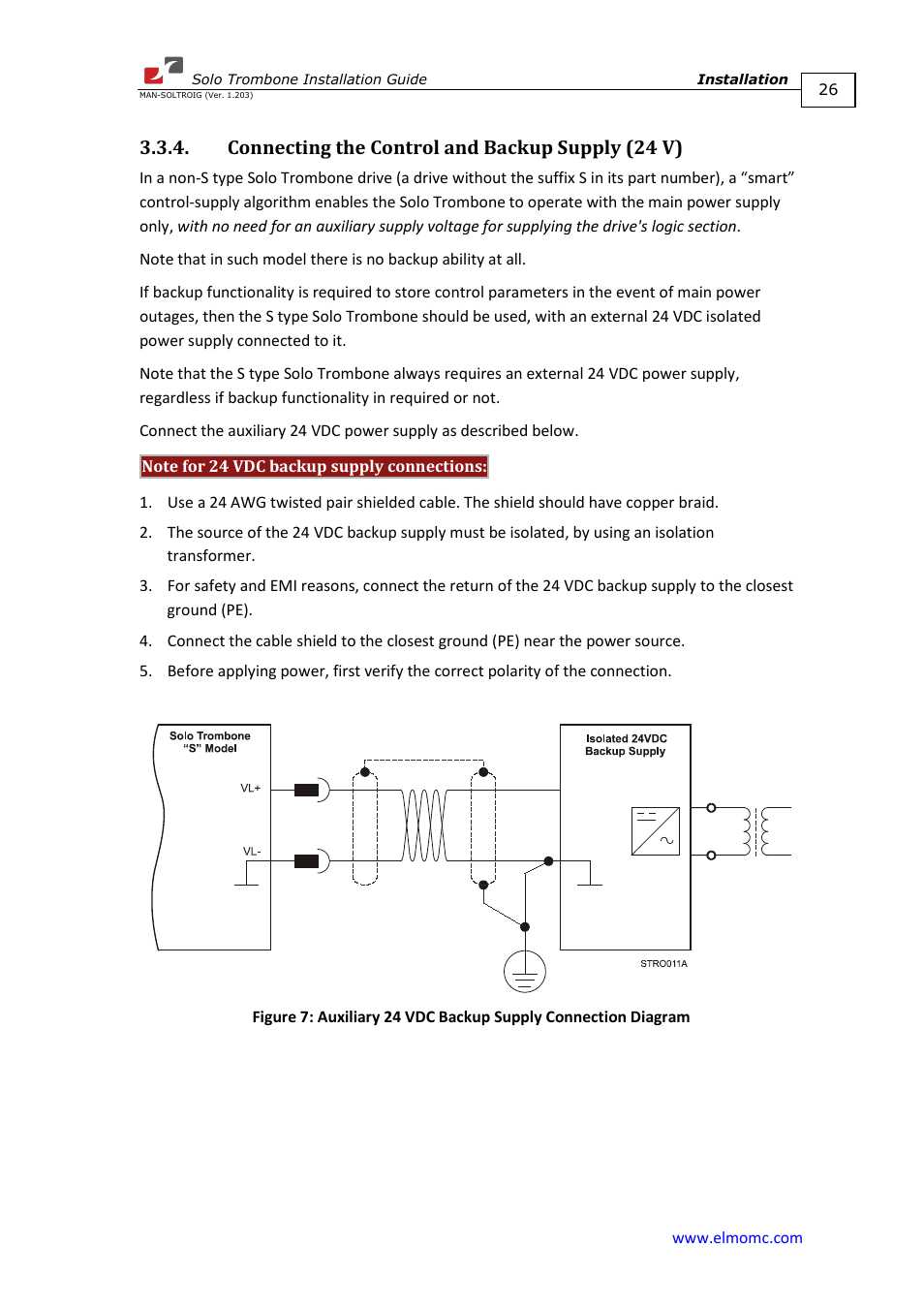 Connecting the control and backup supply (24 v) | ElmoMC SimplIQ Digital Servo Drives-Solo Trombone Installation Guide User Manual | Page 26 / 83