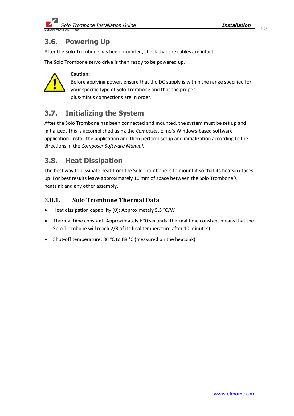 Powering up, Initializing the system, Heat dissipation | Solo trombone thermal data | ElmoMC SimplIQ Digital Servo Drives-Solo Trombone Installation Guide User Manual | Page 60 / 83