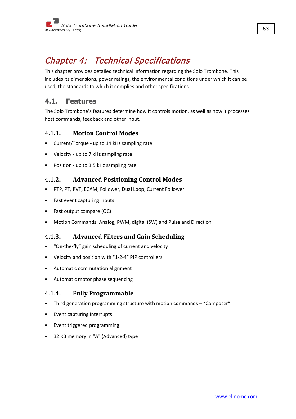 Chapter 4: technical specifications, Features, Motion control modes | Advanced positioning control modes, Advanced filters and gain scheduling, Fully programmable, Chapter 4, Technical specifications | ElmoMC SimplIQ Digital Servo Drives-Solo Trombone Installation Guide User Manual | Page 63 / 83