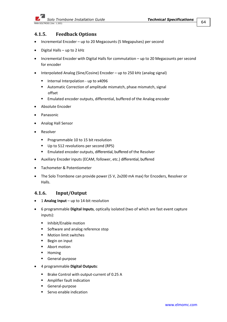 Feedback options, Input/output, Feedback options 4.1.6. input/output | ElmoMC SimplIQ Digital Servo Drives-Solo Trombone Installation Guide User Manual | Page 64 / 83