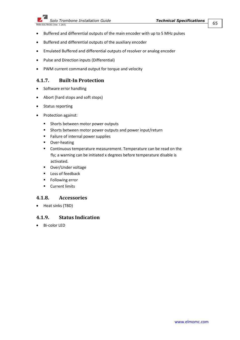 Built-in protection, Accessories, Status indication | ElmoMC SimplIQ Digital Servo Drives-Solo Trombone Installation Guide User Manual | Page 65 / 83