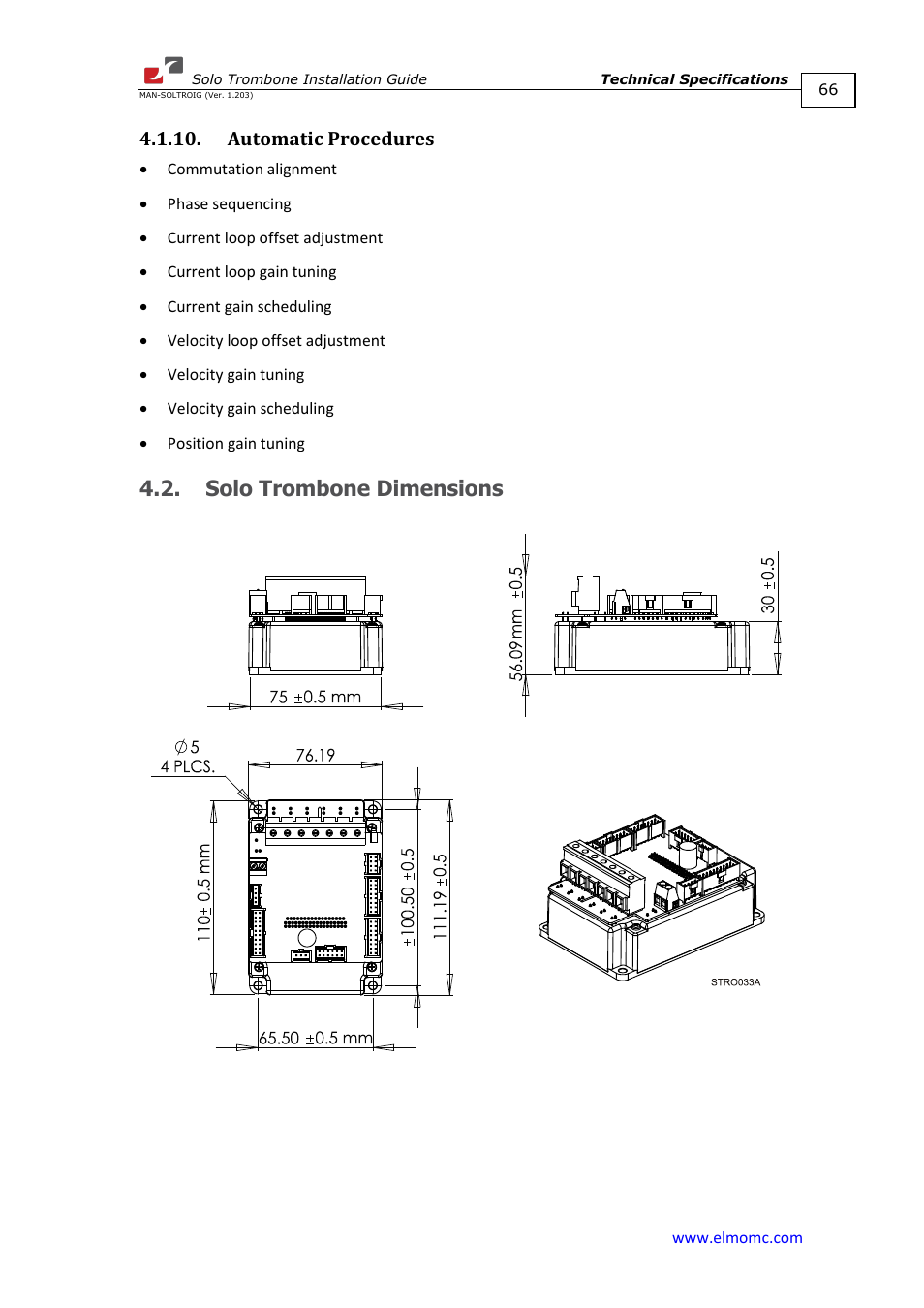 Automatic procedures, Solo trombone dimensions | ElmoMC SimplIQ Digital Servo Drives-Solo Trombone Installation Guide User Manual | Page 66 / 83