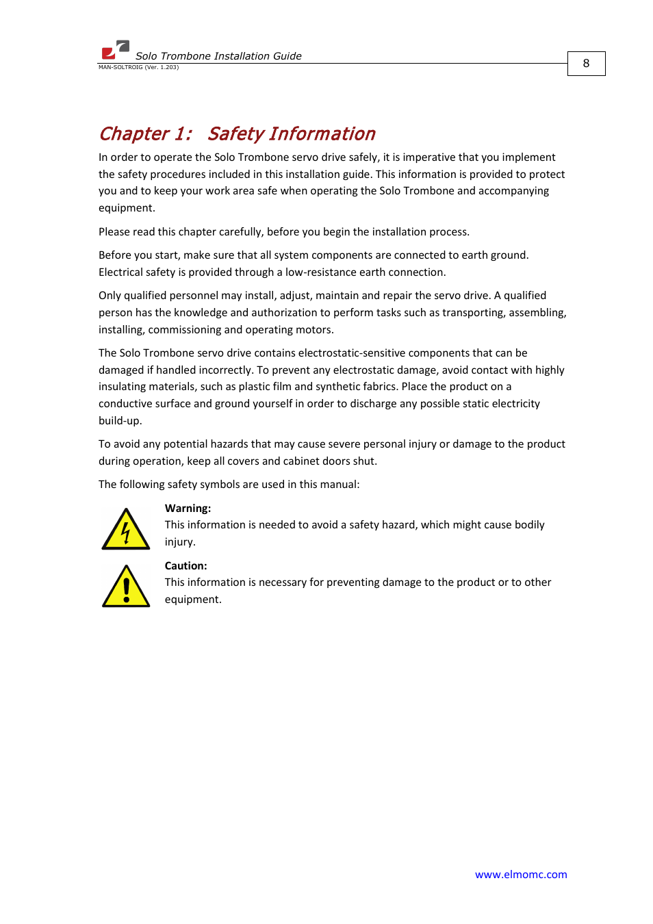 Chapter 1: safety information, Chapter 1, Safety information | ElmoMC SimplIQ Digital Servo Drives-Solo Trombone Installation Guide User Manual | Page 8 / 83