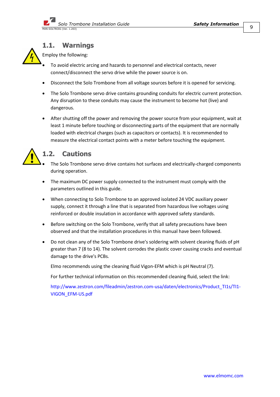 Warnings, Cautions, Warnings 1.2. cautions | ElmoMC SimplIQ Digital Servo Drives-Solo Trombone Installation Guide User Manual | Page 9 / 83