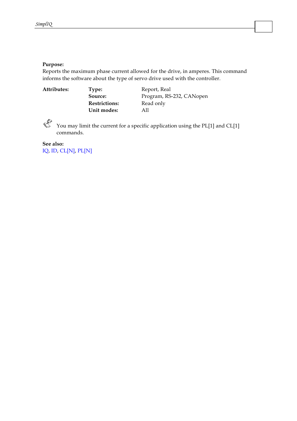 Mc - maximum peak driver current | ElmoMC SimplIQ Command Reference User Manual | Page 100 / 188