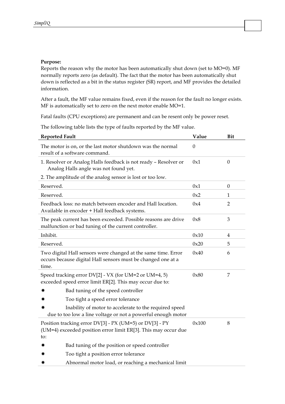 Mf - motor failure | ElmoMC SimplIQ Command Reference User Manual | Page 101 / 188