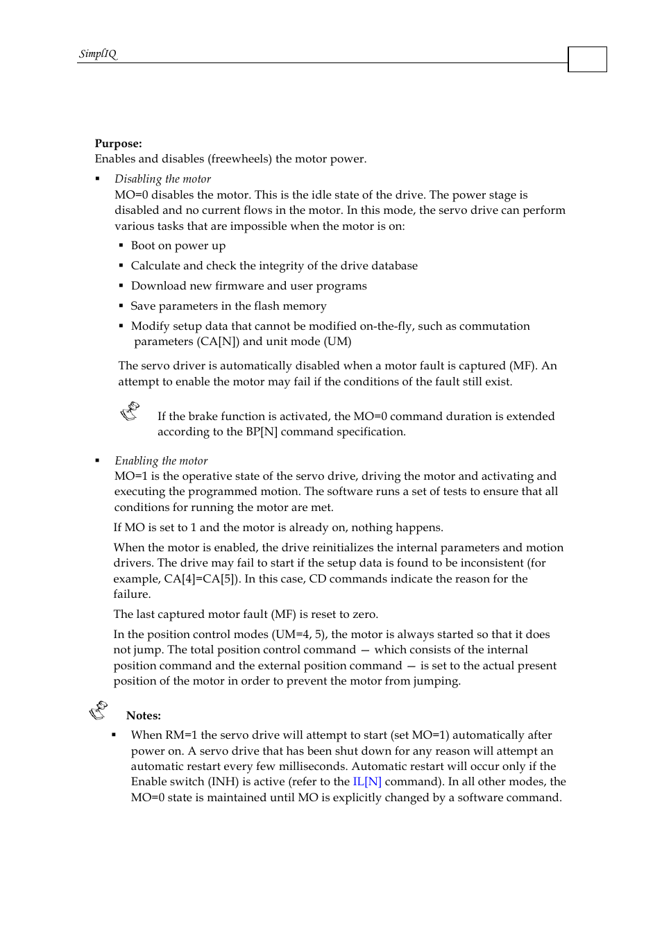 Mo - motor enable/disable | ElmoMC SimplIQ Command Reference User Manual | Page 106 / 188