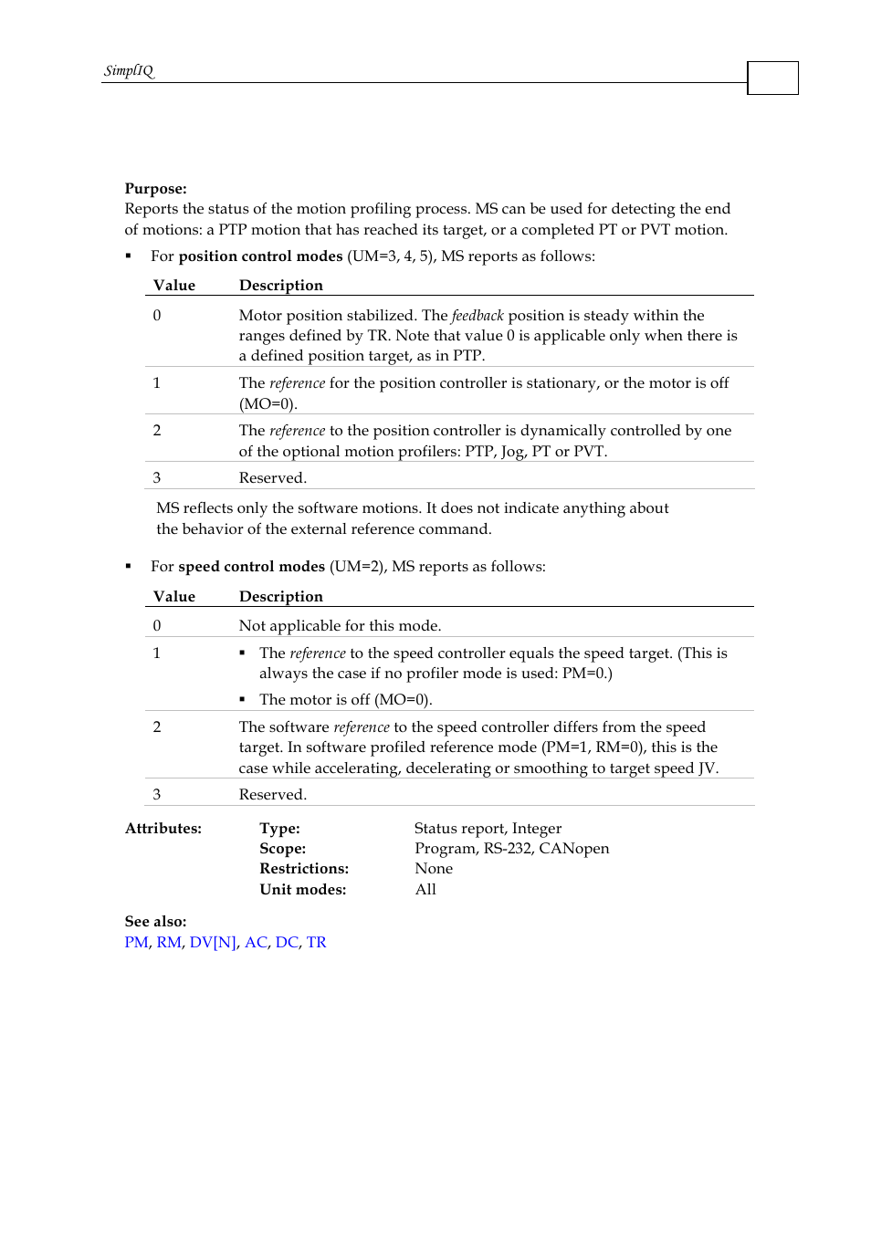 Ms - motion status | ElmoMC SimplIQ Command Reference User Manual | Page 110 / 188