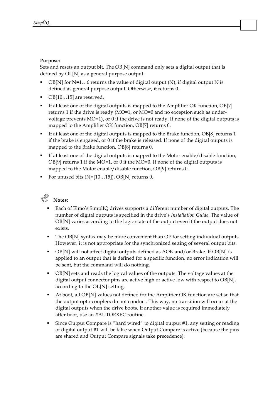 Ob[n] - output bits array | ElmoMC SimplIQ Command Reference User Manual | Page 111 / 188