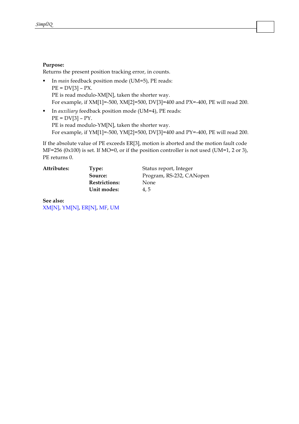 Pe - position error | ElmoMC SimplIQ Command Reference User Manual | Page 120 / 188