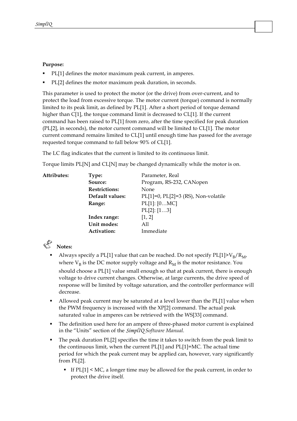 Pl[n] - peak duration and limit, Simpliq | ElmoMC SimplIQ Command Reference User Manual | Page 122 / 188