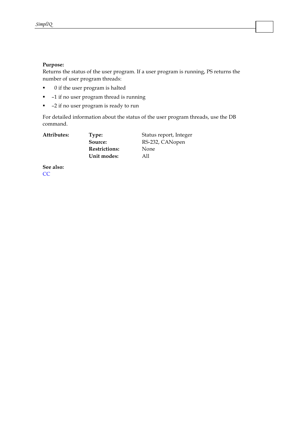 Ps - program status | ElmoMC SimplIQ Command Reference User Manual | Page 128 / 188